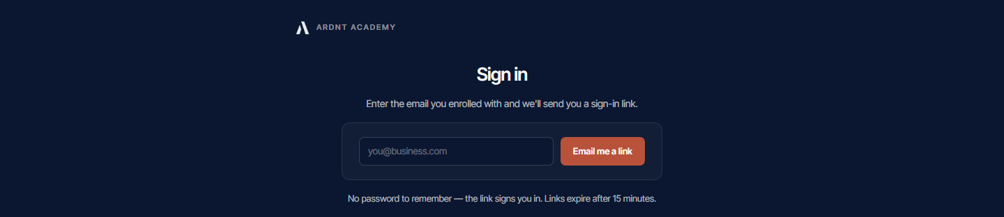 The ARDNT Academy sign-in screen, where an enrolled member requests a one-time link by email