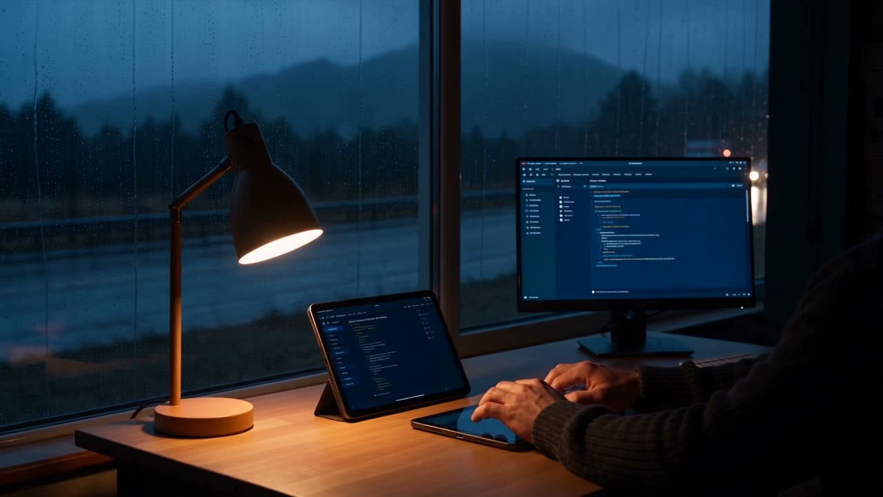 A small business office at dusk, the day's operations board open on a monitor and a tablet